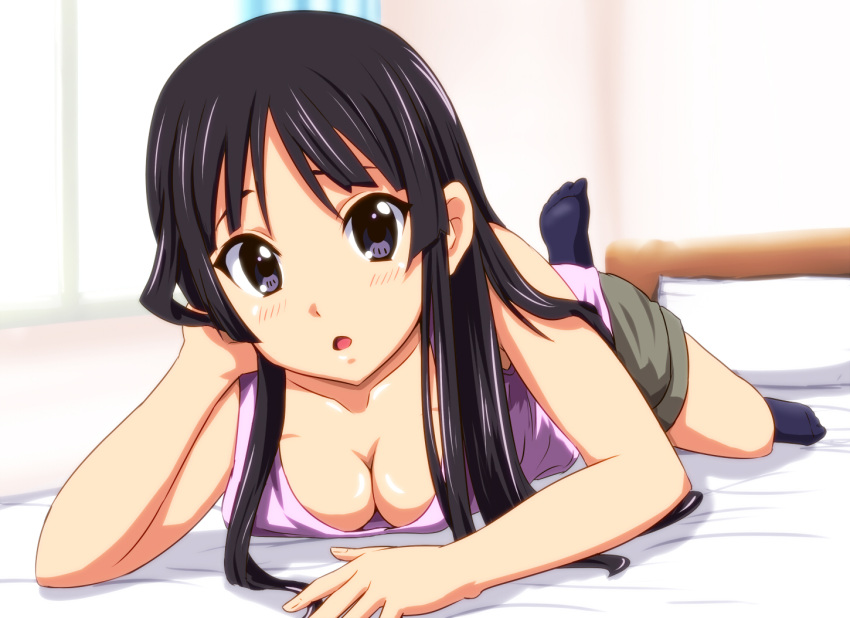 bed black_eyes black_hair black_legwear black_socks blush breasts casual cleavage diesel diesel-turbo down_blouse female footwear hand_in_hair k-on! knee_high_socks laying_down leg_up light-skinned long_hair looking_at_viewer lying medium_breasts mio_akiyama_(k-on!) no_bra on_stomach open_mouth perspective pillow purple_eyes socks solo surprised tagme tank_top wallpaper window