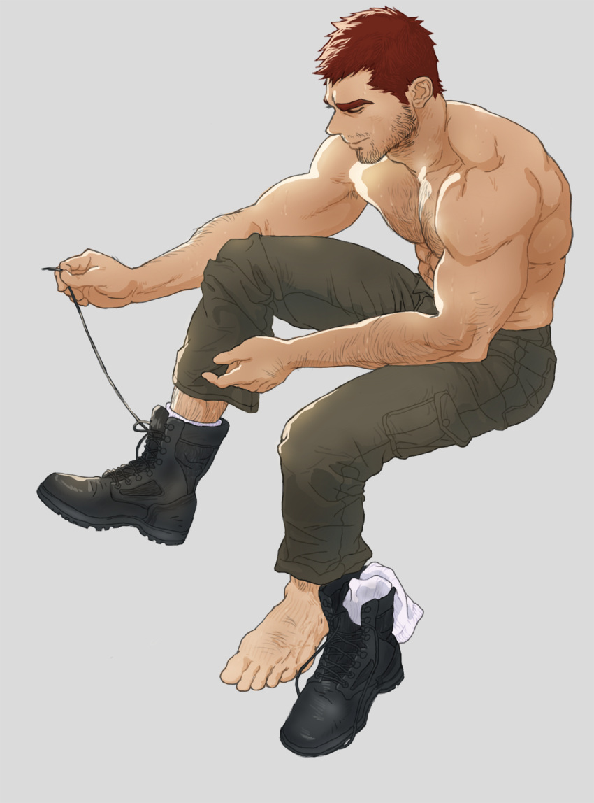 1boy abs arm_hair bara barefoot beard biceps boots chest_hair closed_eyes dogandclover facial_hair full_body grey_background hairy highres large_pectorals leg_hair male_focus manboobs mature_male muscular muscular_male oc_(dogandclover) original pectorals red_hair smile socks solo topless_male