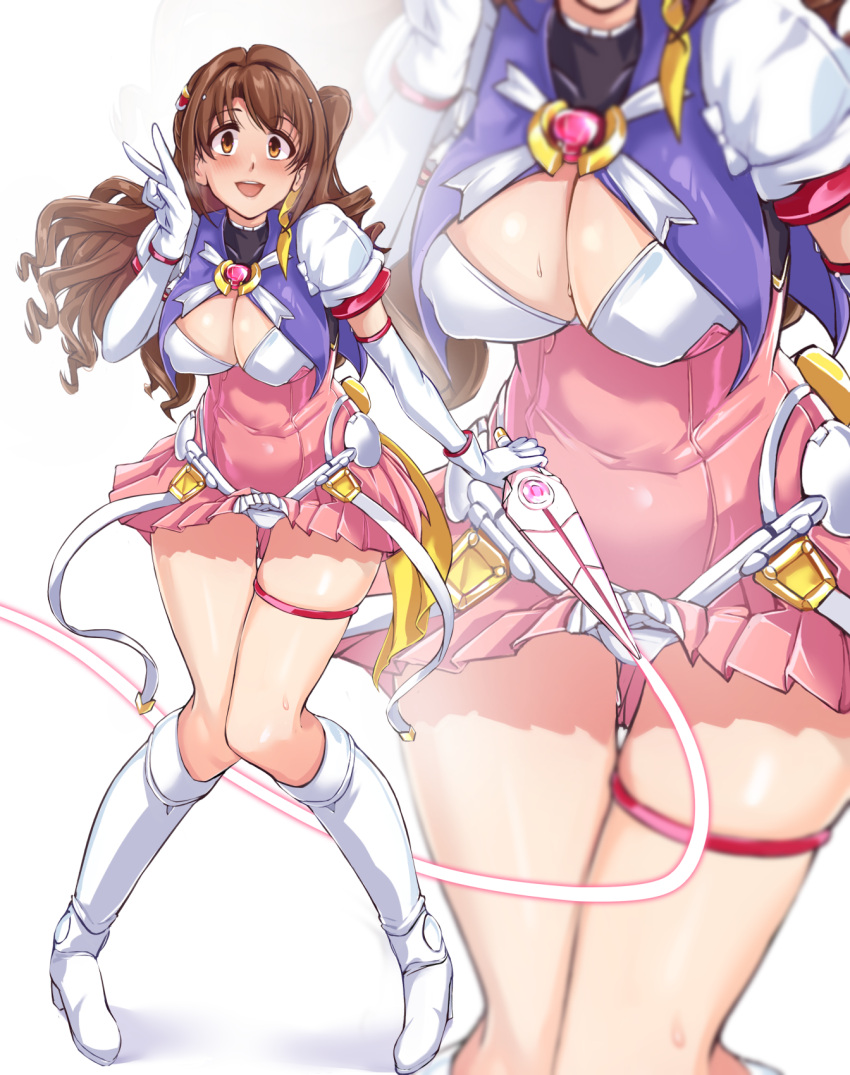 :d beat_angel_escalayer blush boots breasts brown_eyes brown_hair cleavage cosplay curly_hair dress elbow_gloves escalayer escalayer_(cosplay) female full_body gloves highres holding holding_whip idolmaster idolmaster_cinderella_girls knee_boots knees_together_feet_apart large_breasts long_hair looking_at_viewer open_mouth panties pink_dress shimamura_uzuki shiny_skin short_dress side_ponytail simple_background skirt skirt_flip smile solo standing sweat thigh_gap thighlet twogie underwear v whip white_background white_footwear white_panties zoom_layer