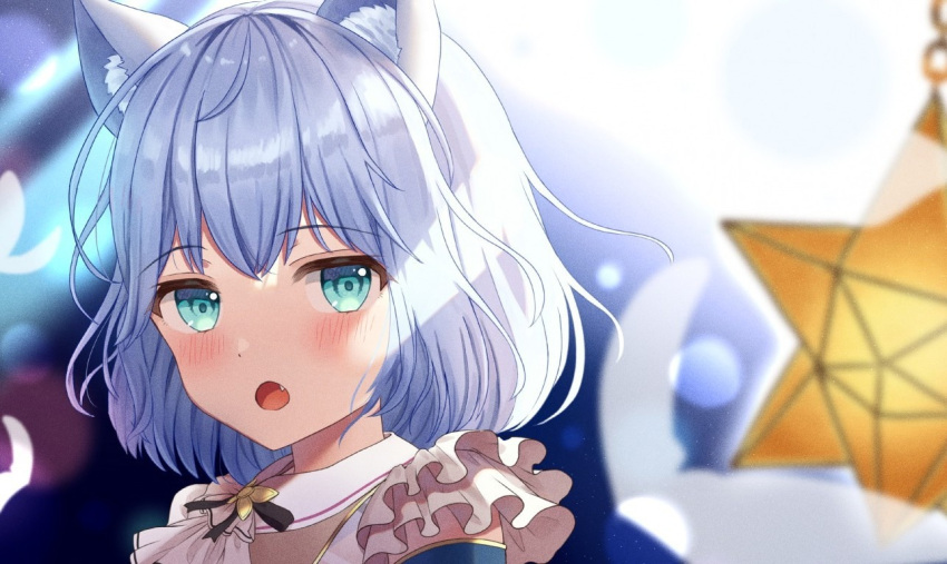 amai_melo animal_ears backlighting bang_dream! black_ribbon blue_eyes blurry blurry_background blurry_foreground blush cat_ears cat_girl commentary dot_nose female frills kurata_mashiro looking_at_viewer morfonica oerba_yun_fang open_mouth portrait ribbon short_hair small_stellated_dodecahedron solo symbol-only_commentary white_hair