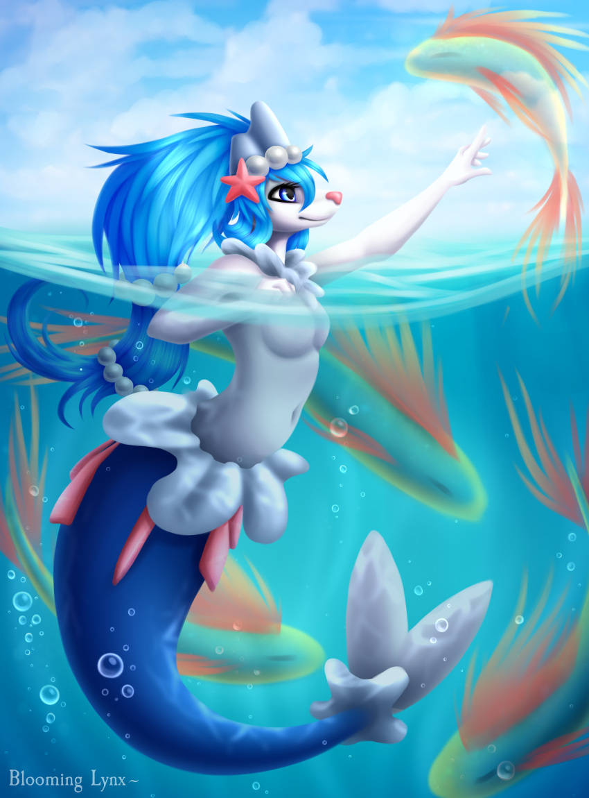 2019 artist_name bloominglynx blue_eyes blue_hair blue_sky breasts bubble busty_feral closed_smile cloud digital_media_(artwork) digital_painting_(artwork) eyelashes featureless_breasts female feral fish floating generation_7_pokemon glistening glistening_eyes glistening_hair group hair hi_res mammal marine medium_breasts mouth_closed navel nintendo partially_submerged pink_nose pinniped pokemon pokemon_(species) primarina sea sky smile split_form swimming underwater water waterline_view