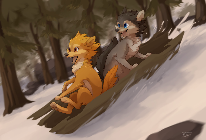 2018 4_toes alpha_and_omega black_hair blue_eyes brown_eyes canid canine canis crest_animation_studios day detailed_background digital_media_(artwork) feet female feral forest hair hi_res humphrey kate_(alpha_and_omega) male mammal open_mouth outside pawpads plant reysi smile snow teeth toes tongue tree wolf