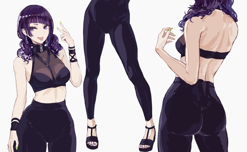 ass back bad_id bad_twitter_id black_choker capri_pants choker close-up commentary crop_top diagonal_bangs earrings female green_nails high-waist_pants high_heels idolmaster idolmaster_shiny_colors jewelry midriff minyom multiple_views pants purple_hair sandals see-through short_twintails symbol-only_commentary tanaka_mamimi tongue tongue_out twintails wristband