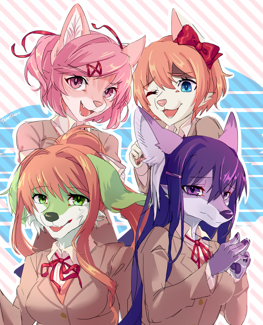 2018 accessory alternate_species anthro blue_eyes breasts canid canine cute_fangs doki_doki_literature_club! female fox furrification group hair hair_accessory hairclip happy hi_res looking_at_viewer mammal monika_(doki_doki_literature_club!) natsuki_(doki_doki_literature_club!) open_mouth pawpads pink_hair purple_eyes ribbons sad sayori_(doki_doki_literature_club!) short_hair smile team_salvato temecharo yuri_(doki_doki_literature_club!)