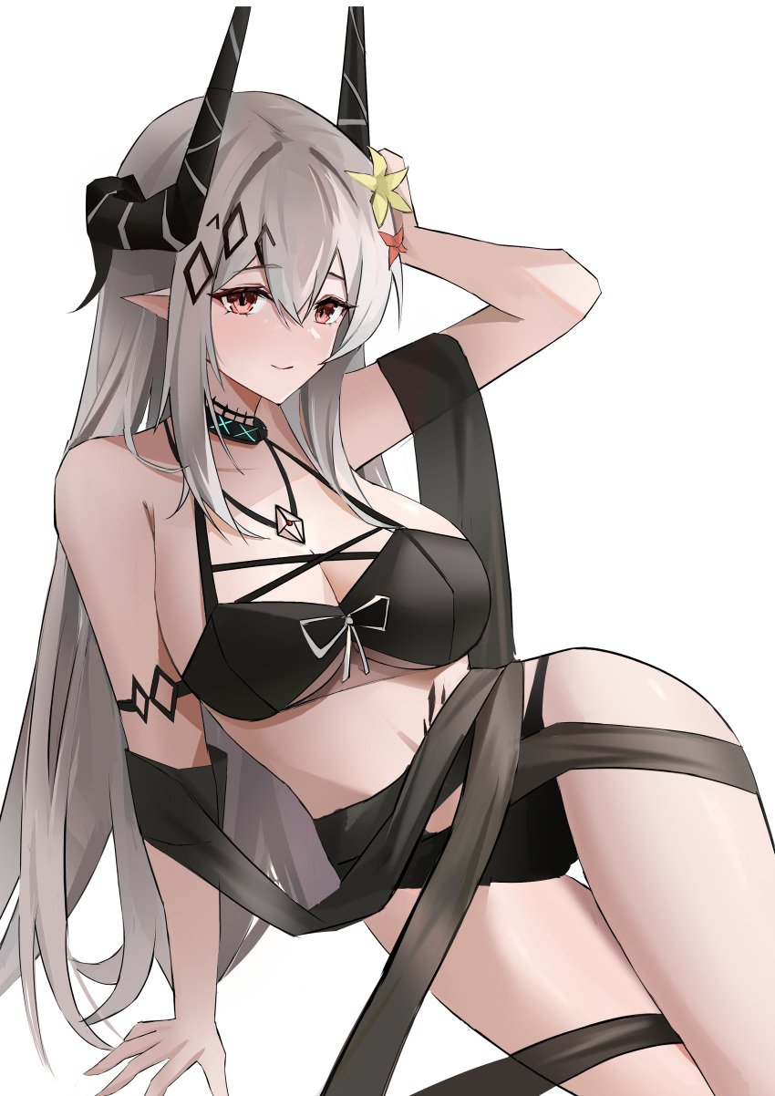 absurdres arknights arm_support arm_up armlet bare_shoulders bikini black_bikini black_horns breasts chinese_commentary cleavage collar commentary_request female flower grey_hair hai_binggan hair_between_eyes hair_flower hair_ornament highres horns infection_monitor_(arknights) jewelry large_breasts long_hair looking_at_viewer material_growth mudrock_(arknights) mudrock_(silent_night)_(arknights) necklace official_alternate_costume oripathy_lesion_(arknights) parted_lips pointy_ears reclining red_eyes sidelocks smile solo swimsuit thigh_gap very_long_hair yellow_flower