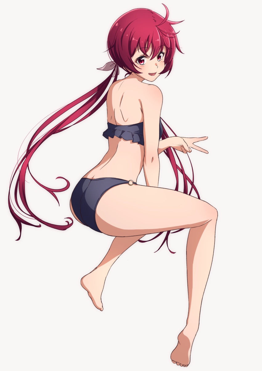 absurdres ass bare_shoulders barefoot bikini black_bikini commentary_request commission feet female frilled_bikini frills from_behind full_body highres invisible_chair joukamachi_no_dandelion long_hair looking_at_viewer low_twintails nishizuki_shino red_eyes red_hair sakurada_akane simple_background sitting soles solo swimsuit twintails white_background