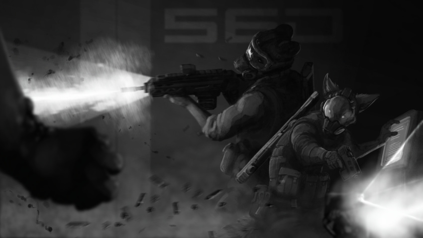 16:9 2020 anthro armor body_armor bullet_casing clothed clothing duo_focus flashlight fully_clothed fur greyscale group gun hi_res holding_gun holding_object holding_ranged_weapon holding_weapon ipoke light lighting mammal mask monochrome ranged_weapon standing weapon widescreen