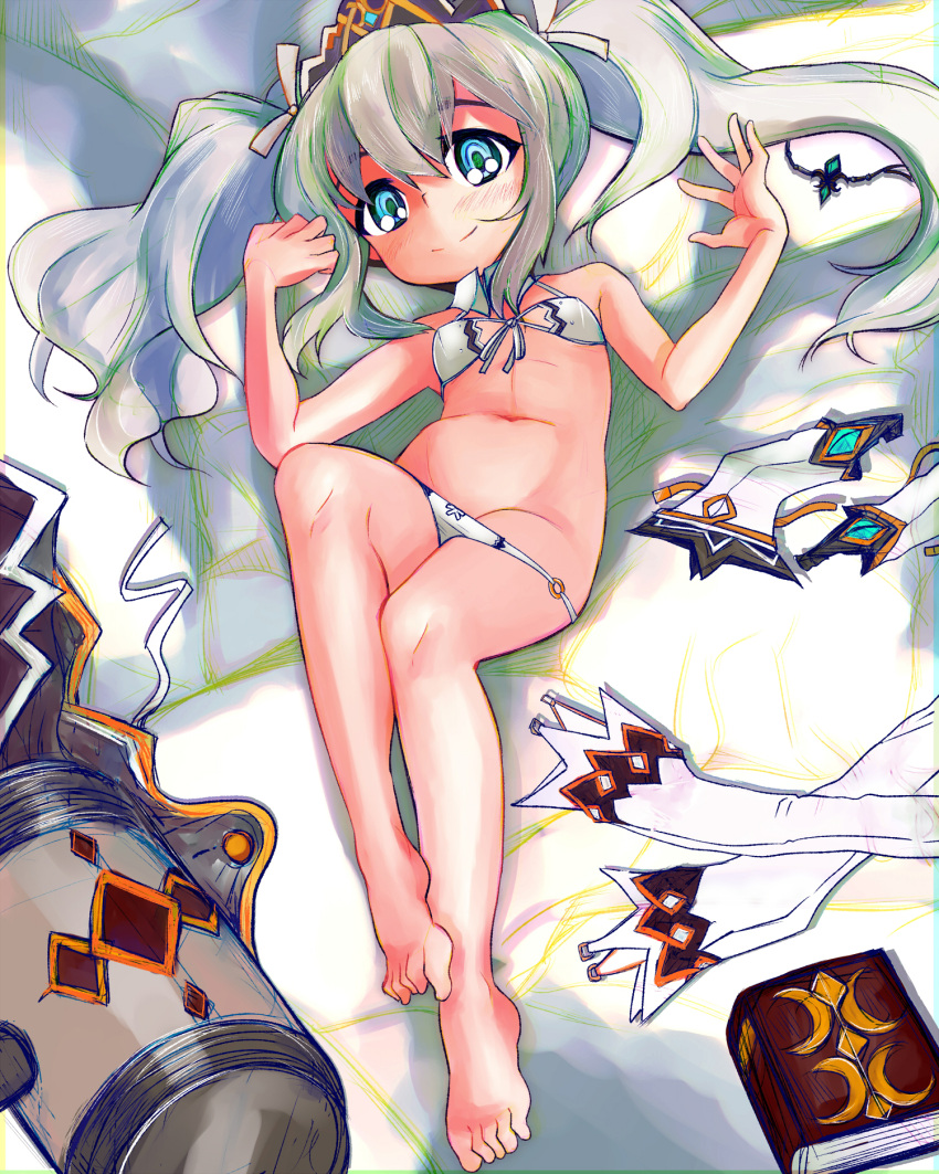 bare_arms bare_legs bare_shoulders barefoot bed_sheet bikini bikini_warriors blue_eyes book breasts cleric_(bikini_warriors) closed_mouth clothes commission detached_collar female front-tie_bikini_top front-tie_top green_pupils grey_hair hair_between_eyes hair_ribbon highres long_hair looking_at_viewer lying navel o-ring o-ring_bikini on_back ribbon small_breasts smile solo split_mouth swimsuit tsukiyono_aroe twintails white_bikini white_ribbon