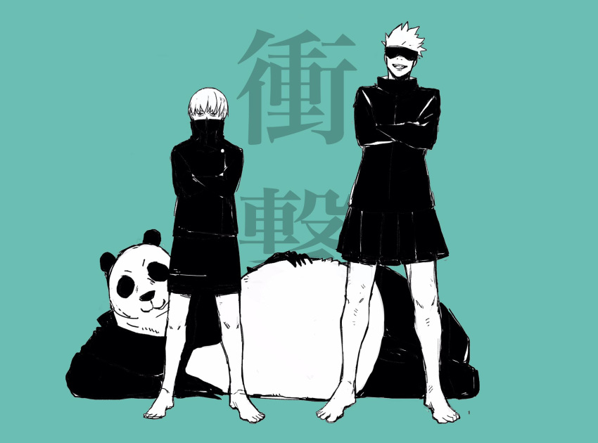 barefoot commentary crossed_arms full_body gojou_satoru green_background highres inumaki_toge jujutsu_kaisen looking_at_viewer panda panda_(jujutsu_kaisen) short_hair simple_background smile standing symbol-only_commentary taga_kiichi translation_request