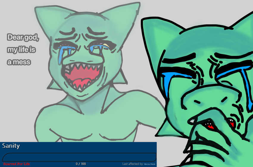 absurd_res anonymous_artist anthro bodily_fluids crying crying_laughing english_text gameplay_mechanics green_body grey_background hi_res kobold kobold_adventure laugh male moe_(kobold_adventure) nude open_mouth pained_expression scalie simple_background solo status status_board status_effect tears teeth teeth_showing text