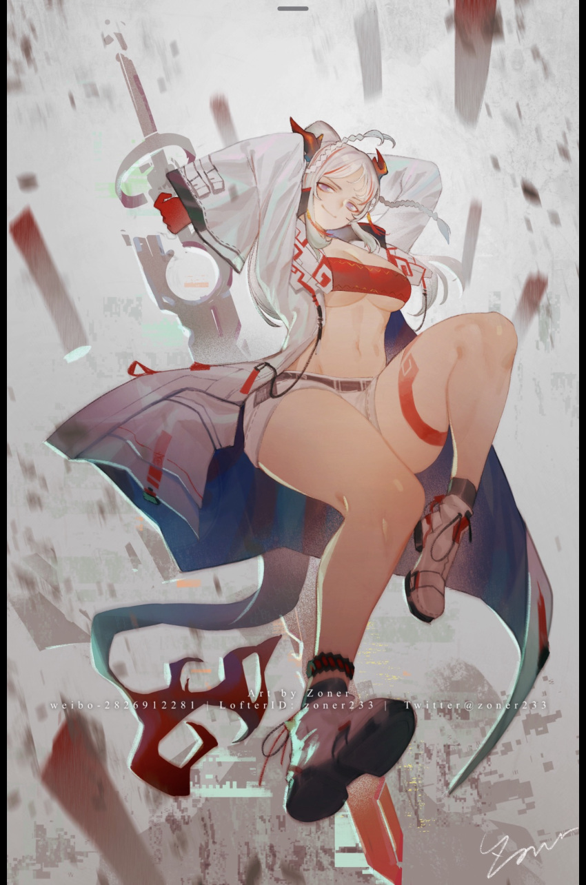 arknights arms_up bandeau bare_legs braid breasts chinese_commentary cleavage coat commentary_request female grey_eyes head_tilt highres horns large_breasts long_hair long_sleeves looking_at_viewer midriff navel nian_(arknights) open_clothes open_coat shoes short_shorts shorts smile solo stomach strapless tail thick_thighs thighs underboob white_coat white_footwear white_hair white_shorts wide_sleeves zoner