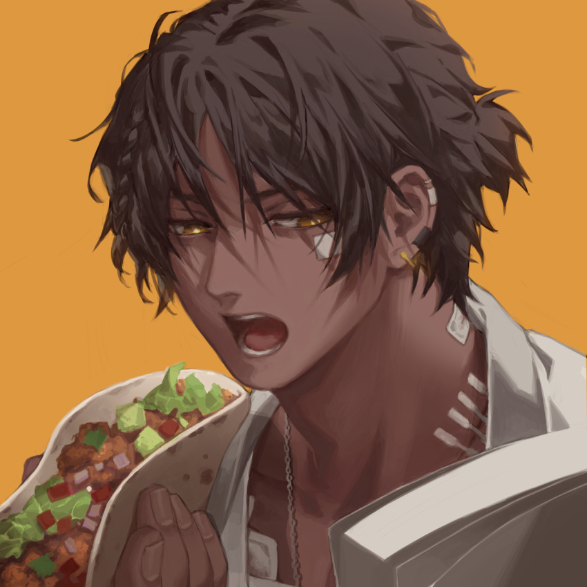 1boy arknights bandaid bandaid_on_cheek bandaid_on_face black_hair dark-skinned_male dark_skin earclip eating english_commentary food hair_between_eyes highres holding holding_food jacket jewelry male_focus manjyufroth necklace open_mouth orange_background ponytail portrait short_ponytail simple_background solo taco thorns_(arknights) yellow_eyes