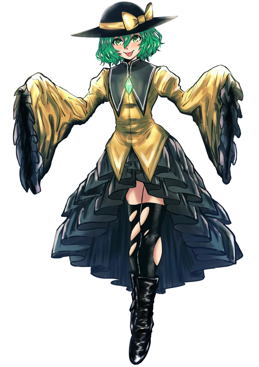 absurdres bad_id bad_twitter_id black_footwear black_hat black_thighhighs boots bow commentary crystal double-parted_bangs female frilled_skirt frills full_body green_eyes green_hair hair_between_eyes hat hat_bow highres komeiji_koishi long_sleeves sen_(daydream_53) shirt simple_background skirt solo thighhighs tongue tongue_out torn_clothes torn_thighhighs touhou white_background wide_sleeves yellow_bow yellow_shirt