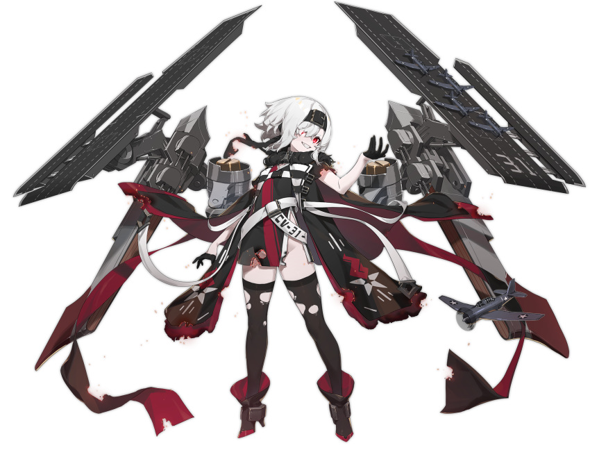 aircraft aircraft_carrier azur_lane belt belt_buckle black_footwear black_gloves black_thighhighs bon_homme_richard_(azur_lane) bon_homme_richard_(meta)_(azur_lane) buckle cannon cape dress female flat_chest full_body gloves grin hair_over_eyes hairband highres looking_at_viewer machinery military military_vehicle no_panties official_art one_eye_covered red_eyes rigging scarf ship shisantian short_hair simple_background smile solo standing thighhighs torn_clothes torn_thighhighs transparent_background turret warship watercraft white_hair