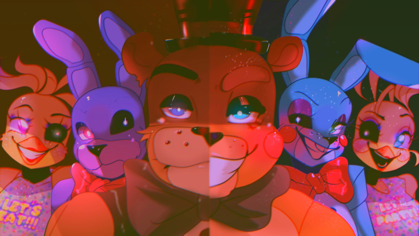 2020 ambiguous_gender animatronic anthro avian beak bear bib bird black_eyebrows black_nose black_sclera blonde_hair blue_background blue_body blue_ears blue_eyes bonnie_(fnaf) bow_tie brown_body brown_ears brown_eyebrows brown_fur buckteeth bust_portrait chica_(fnaf) chicken close-up clothing english_text exclamation_point eyebrows eyelashes female five_nights_at_freddy's five_nights_at_freddy's_2 freddy_(fnaf) fur galliform gallus_(genus) glowing glowing_eyes green_background green_eyes group hair half-closed_eyes hat headgear headwear hi_res lagomorph larahhhhhhish leporid lipstick long_ears looking_aside looking_at_viewer looking_away machine makeup male mammal multicolored_eyes multicolored_sclera narrowed_eyes open_mouth orange_beak phasianid pink_eyes pink_sclera portrait purple_body purple_ears rabbit red_background red_eyes robot round_ears scottgames short_hair simple_background smile standing teeth text top_hat toy_bonnie_(fnaf) toy_chica_(fnaf) toy_freddy_(fnaf) white_body white_eyes yellow_body