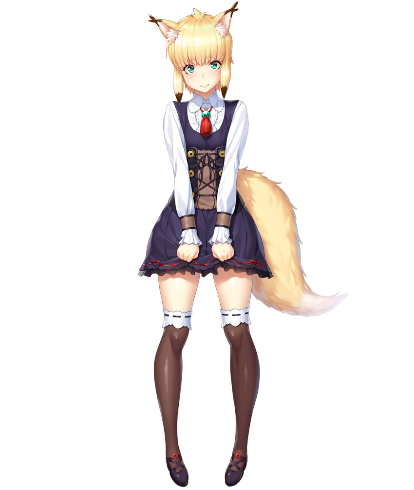 animal_humanoid black_clothing black_dress black_shoe blonde_hair blush bridget_(taimanin_asagi) canid canid_humanoid canine canine_humanoid clothing digital_media_(artwork) dress female flat_chested fox fox_humanoid green_eyes hair hi_res humanoid inner_ear_fluff legwear light_body light_skin looking_at_viewer mammal mammal_humanoid nobushito simple_background solo stockings tail taimanin_(series) tuft white_background white_sleeves yellow_tail