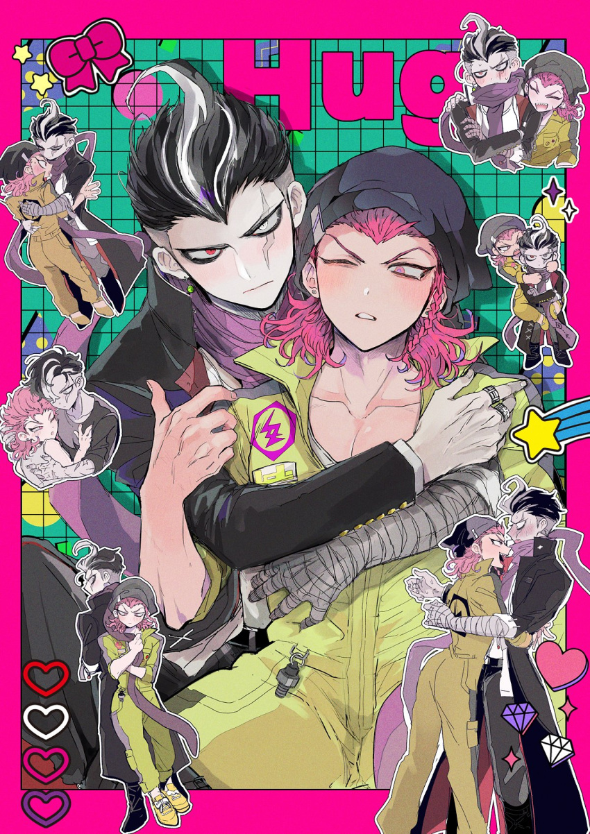 2boys arm_around_shoulder bandaged_hand bandages black_hair black_headwear black_jumpsuit blush border bow braid collarbone d; danganronpa_(series) danganronpa_2:_goodbye_despair diamond_(shape) heart highres hug hug_from_behind jacket jewelry joonoyuki jumpsuit looking_at_viewer male_focus medium_hair multicolored_hair multiple_boys multiple_views one_eye_closed orange_jumpsuit pink_border pink_bow pink_eyes pink_hair pink_scarf red_eyes scarf sharp_teeth shirt short_hair side_braid soda_kazuichi tanaka_gundham teeth two-tone_jumpsuit yaoi yellow_jumpsuit