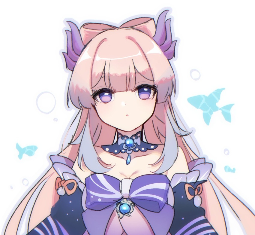 :o bare_shoulders blue_eyes bow bowtie breasts cleavage detached_collar female fish genshin_impact hair_ornament hoshina_meito long_sleeves looking_at_viewer open_mouth pink_hair sangonomiya_kokomi simple_background upper_body water_drop white_background