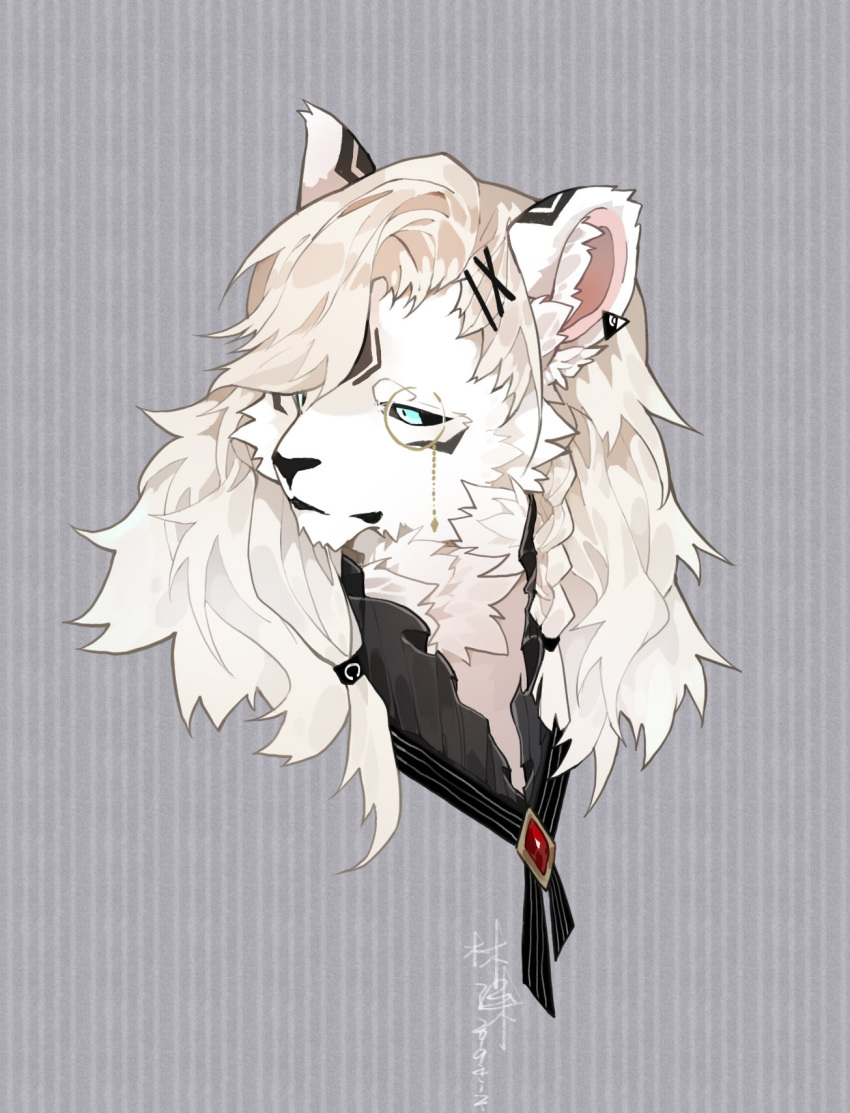 accessory anthro blue_eyes bust_portrait depravedstar eyewear felid fur hair hair_accessory hairclip hi_res inner_ear_fluff lion male mammal mark_(disambiguation) monocle neck_tuft pantherine portrait simple_background solo tuft white_body white_fur white_hair