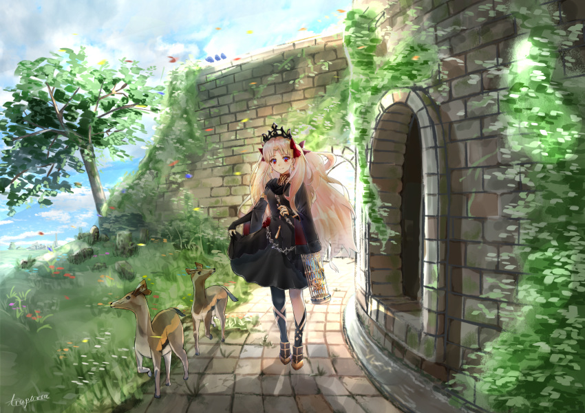 animal arch armlet artist_name asymmetrical_legwear bad_id bad_pixiv_id bird birdcage black_dress black_pantyhose blonde_hair blush brick_wall cage capelet chains closed_mouth commentary day deer dress earrings ereshkigal_(fate) ereshkigal_(third_ascension)_(fate) fate/grand_order fate_(series) female gauntlets gold_trim grass hamanashi_(trapiorra) highres holding holding_cage holding_strap jewelry layered_sleeves long_hair long_sleeves looking_at_viewer moss outdoors overgrown pantyhose parted_bangs plant red_eyes red_ribbon ribbon rock ruins single_leg_pantyhose single_sock skirt_hold skull_ornament sleeves_past_wrists smile socks solo stone_wall tiara translucent_hair tree two-sided_fabric two_side_up uneven_legwear very_long_hair walking wall wide_sleeves