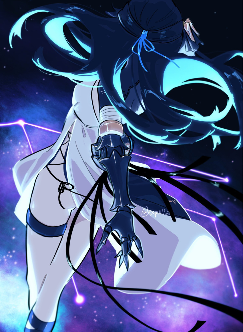 bare_legs black_hair blue_eyes colored_inner_hair commentary constellation dress female highres long_hair mao_(expuella) md5_mismatch mechanical_arms multicolored_hair punishing:_gray_raven resolution_mismatch selena:_capriccio_(punishing:_gray_raven) selena_(punishing:_gray_raven) solo source_smaller thigh_strap twitter_username white_dress