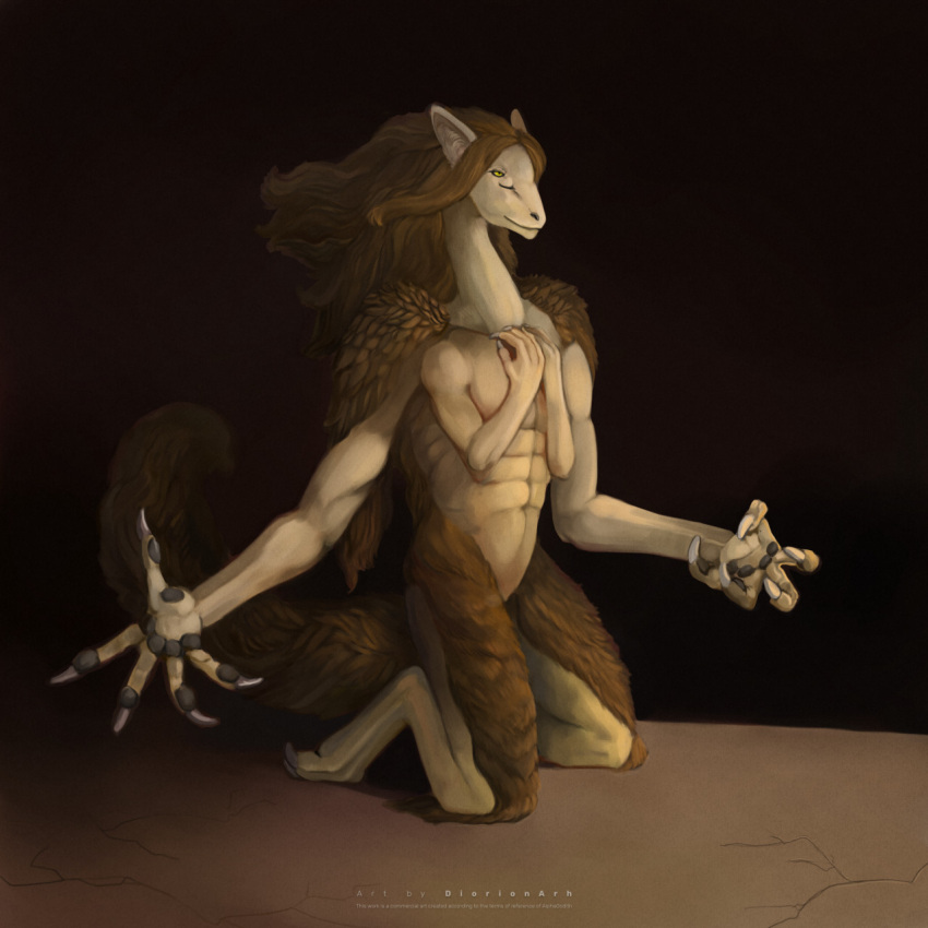 1:1 ambiguous_gender anthro brown_background brown_body brown_hair classical claws deity demon diorionarh emotional feeling female fur gesture hair hand_gesture hi_res kneeling looking_at_another muscular muscular_female mythology renaissance sad simple_background solo tan_body unknown_species