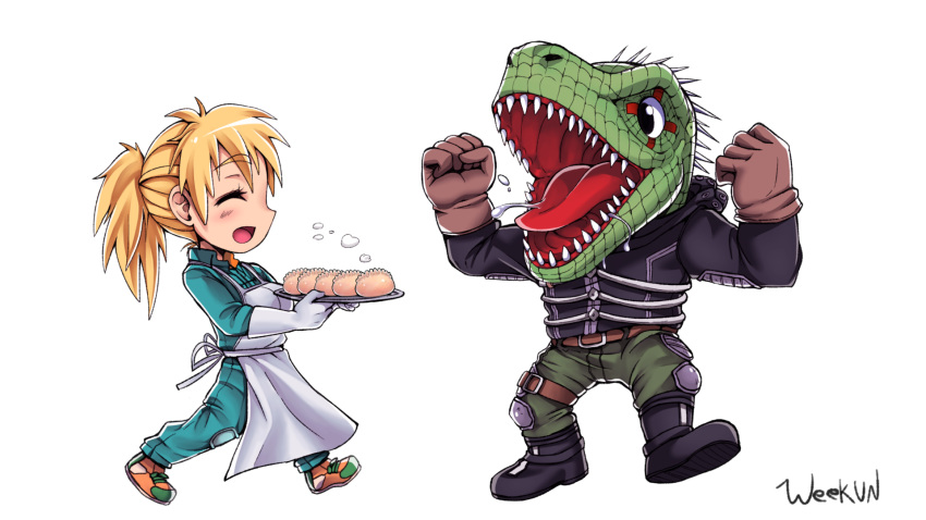 16:9 animal_head anthro apron belt bottomwear clothed clothing dorohedoro duo food for_a_head fully_clothed gloves green_body green_bottomwear green_clothing green_pants green_scales gyoza handwear hi_res human humanoid kaiman_(dorohedoro) lizard mammal nikaido_(dorohedoro) open_mouth pants red_tongue reptile scales scalie sharp_teeth simple_background teeth tongue weekun white_background widescreen