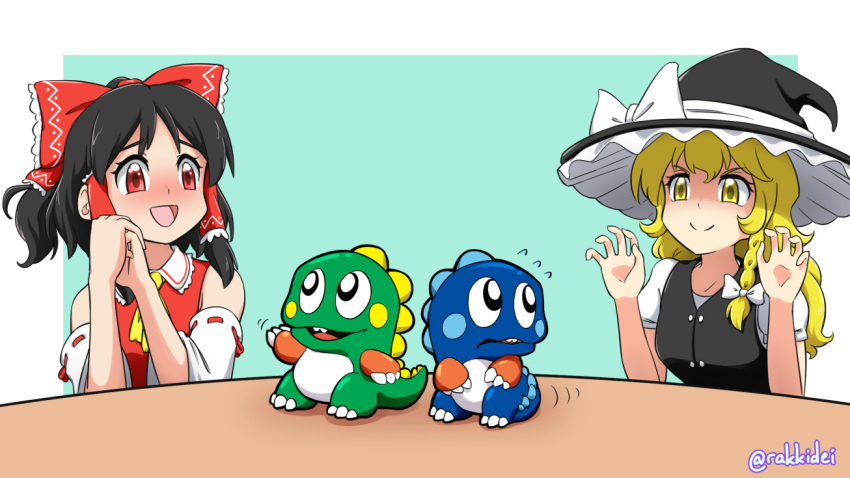 2girls :d arms_up ascot bare_shoulders black_hair black_headwear black_vest blonde_hair blue_background blush bob_(bubble_bobble) bow braid bub_(bubble_bobble) bubble_bobble commission creature crossover detached_sleeves english_commentary flying_sweatdrops hair_ribbon hair_tubes hairbow hakurei_reimu hands_on_own_face hat kirisame_marisa long_hair multiple_girls open_mouth own_hands_together puffy_short_sleeves puffy_sleeves rakkidei red_eyes red_vest ribbon ribbon-trimmed_sleeves ribbon_trim shirt short_hair short_ponytail short_sleeves sidelocks simple_background single_braid smile touhou tress_ribbon twitter_username upper_body vest video_thumbnail white_shirt witch_hat yellow_ascot yellow_eyes