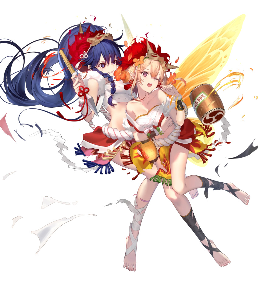 2girls bare_shoulders barefoot blonde_hair blue_eyes blue_hair breasts cleavage clenched_teeth collarbone drum fairy fairy_wings fire_emblem fire_emblem:_the_sacred_stones fire_emblem_heroes full_body fur_trim gradient_hair hair_between_eyes highres holding holding_weapon horned_mask instrument lantern long_hair long_sleeves looking_away mashima_saki_(mashimasa) mask mask_on_head medium_breasts midriff multicolored_hair multiple_girls navel non-web_source off_shoulder official_art one_eye_closed open_clothes orange_hair paper_lantern parted_lips pelvic_curtain peony_(fire_emblem) peony_(flame)_(fire_emblem) polearm ponytail purple_eyes rope sarashi sidelocks spear stomach tana_(fire_emblem) tana_(flame)_(fire_emblem) teeth toes torn_clothes transparent_background weapon wings