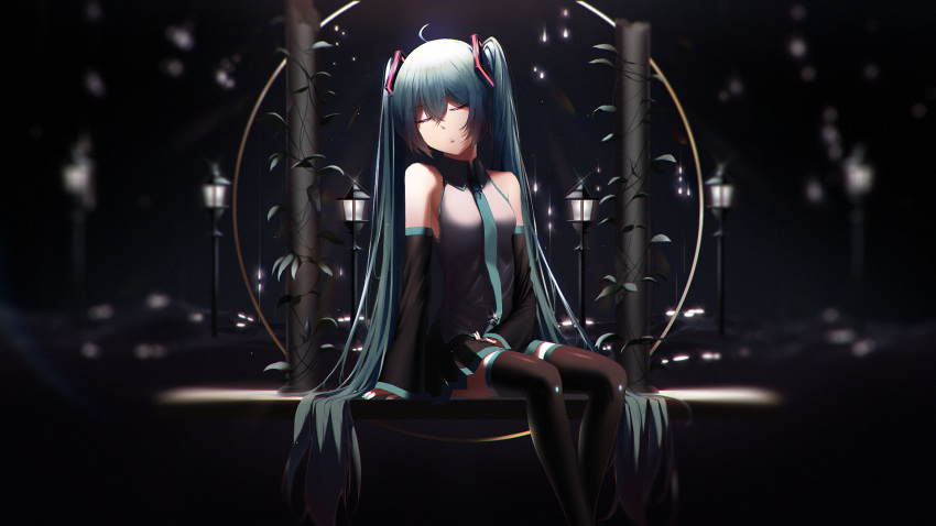 aqua_hair aqua_nails aqua_necktie bad_id bad_pixiv_id bare_shoulders black_background black_skirt black_sleeves black_thighhighs closed_eyes commentary detached_sleeves female grey_shirt hair_ornament hatsune_miku highres lamppost leaf long_hair miniskirt nail_polish necktie plant pleated_skirt shirt sitting skirt sleeveless sleeveless_shirt solo spotlight thighhighs twintails very_long_hair vines vocaloid vocaloid_831 zettai_ryouiki