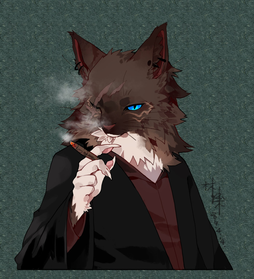 anthro blind_eye blue_eyes brown_body brown_fur cigar claws depravedstar domestic_cat ear_piercing ear_ring felid feline felis finger_claws fur half-length_portrait hi_res maine_coon male mammal neck_tuft pawpads piercing portrait pupils ring_piercing scar slit_pupils solo tuft