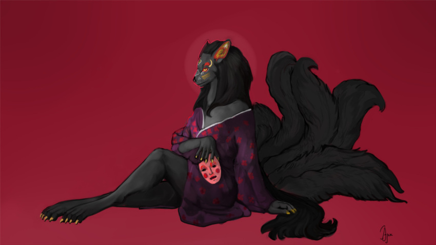 16:9 anthro asian_clothing asian_mythology black_body canid canine canis classical clothing diorionarh east_asian_clothing female fox fur hair japanese_clothing kimono mammal mask multi_tail mythology red_background renaissance simple_background solo tail widescreen wolf