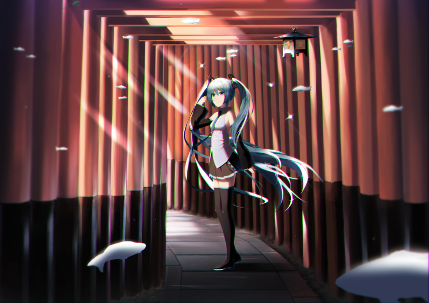 absurdres aqua_eyes aqua_hair aqua_necktie bad_id bad_pixiv_id bare_shoulders black_skirt black_sleeves commentary detached_sleeves female full_body fushimi_inari_taisha grey_shirt hair_ornament hand_up hatsune_miku highres lamp long_hair looking_at_viewer miniskirt multiple_torii necktie pleated_skirt shirt skirt sleeveless sleeveless_shirt smile snow solo standing sunlight thighhighs torii twintails very_long_hair vocaloid vocaloid_831 wide_shot