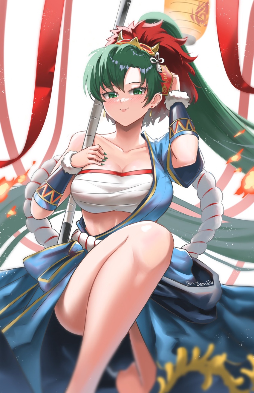 :d bandages blue_shirt blue_skirt blush breasts burnt_green_tea chest_sarashi cleavage collarbone commentary cowboy_shot female fire_emblem fire_emblem:_the_blazing_blade fire_emblem_heroes green_eyes green_hair hand_on_own_hip hand_up highres holding large_breasts long_hair looking_at_viewer lyn_(fire_emblem) lyn_(flame)_(fire_emblem) mask mask_on_head official_alternate_costume open_mouth ponytail sarashi shirt simple_background single-shoulder_shirt single_bare_shoulder single_sleeve skirt smile solo standing strapless tube_top very_long_hair white_background