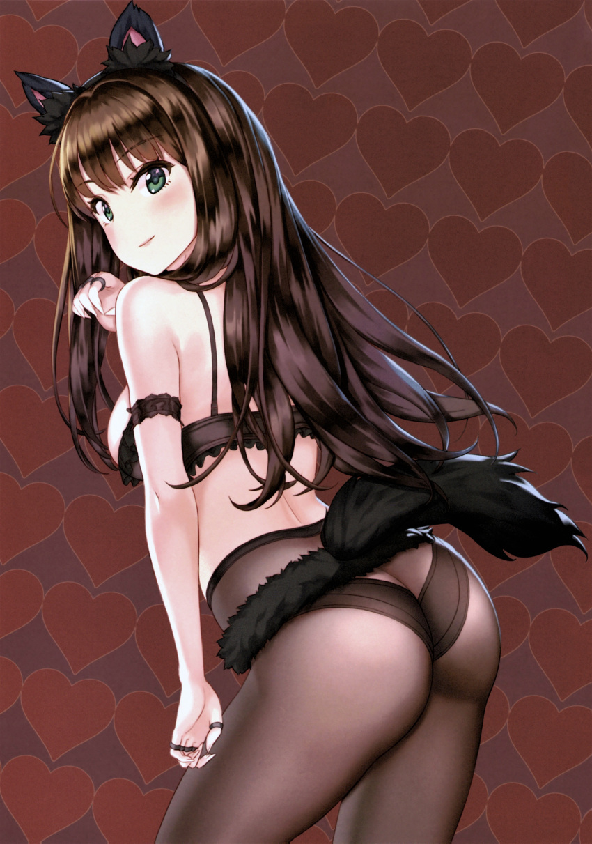 absurdres animal_ears arm_garter ass back bare_shoulders black_bra black_panties blush border bra bra_pull breasts brown_hair claw_pose closed_mouth clothes_pull female green_eyes grey_background hamahama heart heart_background highres hip_focus idolmaster idolmaster_cinderella_girls jewelry long_hair looking_at_viewer looking_back medium_breasts panties panties_under_pantyhose pantyhose ring scan shibuya_rin smile solo tail thighs thumb_ring underwear white_border wolf_ears wolf_tail