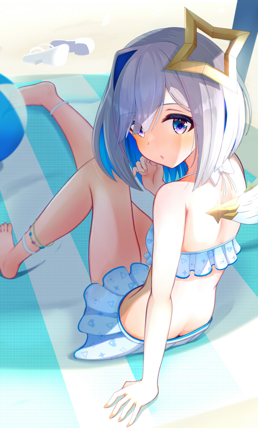 absurdres amane_kanata angel angel_wings anklet asymmetrical_bangs ball banana_de_ikopon beach_towel beachball bikini blue_hair bob_cut butt_crack colored_inner_hair female frilled_bikini frills grey_hair hair_over_one_eye highres hololive hololive_summer_2022_swimsuit jewelry looking_at_viewer looking_back multicolored_hair official_alternate_costume open_mouth parted_lips purple_eyes sandals short_hair single_hair_intake sitting solo swimsuit towel two-tone_hair unworn_sandals virtual_youtuber wings