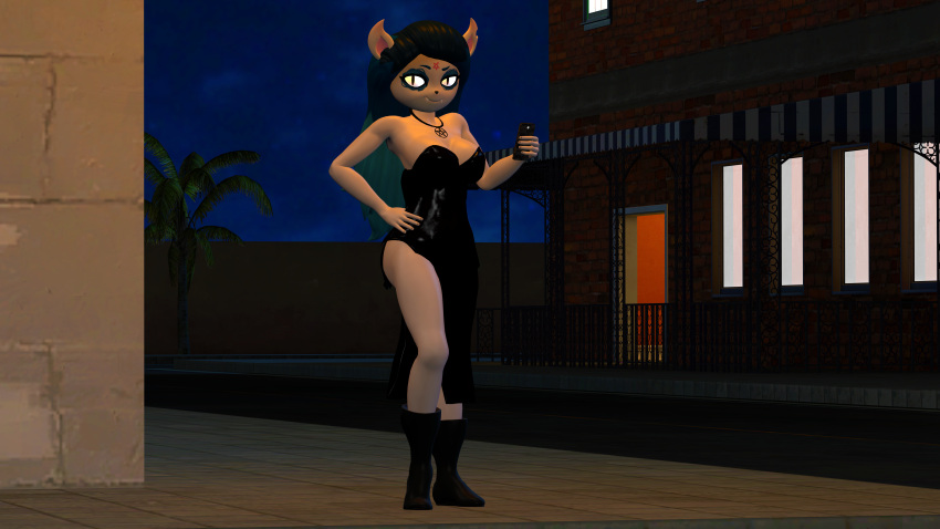 16:9 3d_(artwork) absurd_res anthro black_clothing black_dress boots cartoon_hangover claire_(the_summoning) clothing date digital_media_(artwork) dress electronics felid feline female first_person_view footwear garry's_mod hi_res humanoid looking_at_viewer mammal mr-wolfapex night occult_symbol pentagram pentagram_necklace phone smile solo symbol the_summoning widescreen