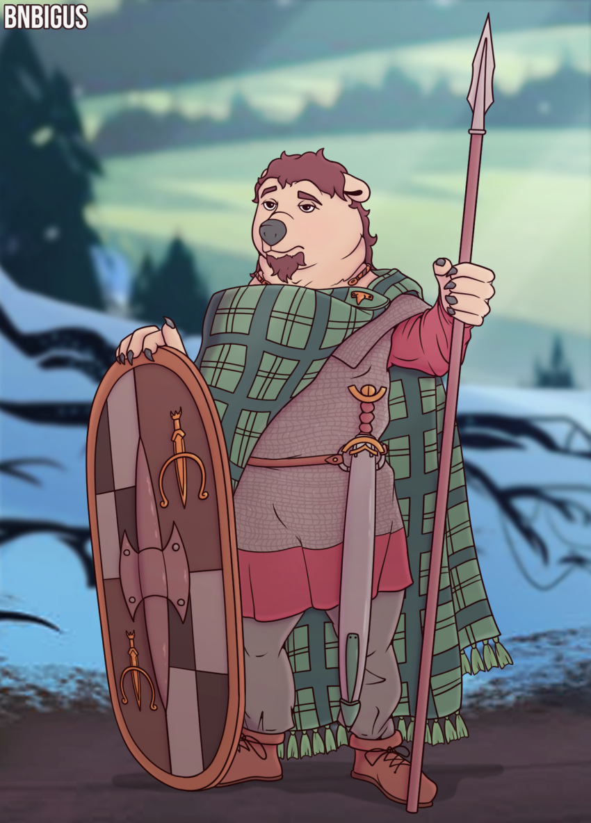 2020 anthro anthropomorphic_hilt armor bear beard belt biped black_nose bnbigus boots celt celtic celtic_sword clothed clothing crixsoartos_frost-hearth digital_media_(artwork) facial_hair fantasy footwear front_view full-length_portrait fully_clothed fur goatee hi_res holding_object holding_weapon leather leather_boots leather_clothing leather_footwear legwear male mammal medieval melee_weapon pattern_clothing pinup plaid plaid_cloak plaid_clothing polearm portrait pose roleplay scabbard sheathed_sword sheathed_weapon shield solo spear standing tartan_cloak text torc warrior weapon white_body white_fur