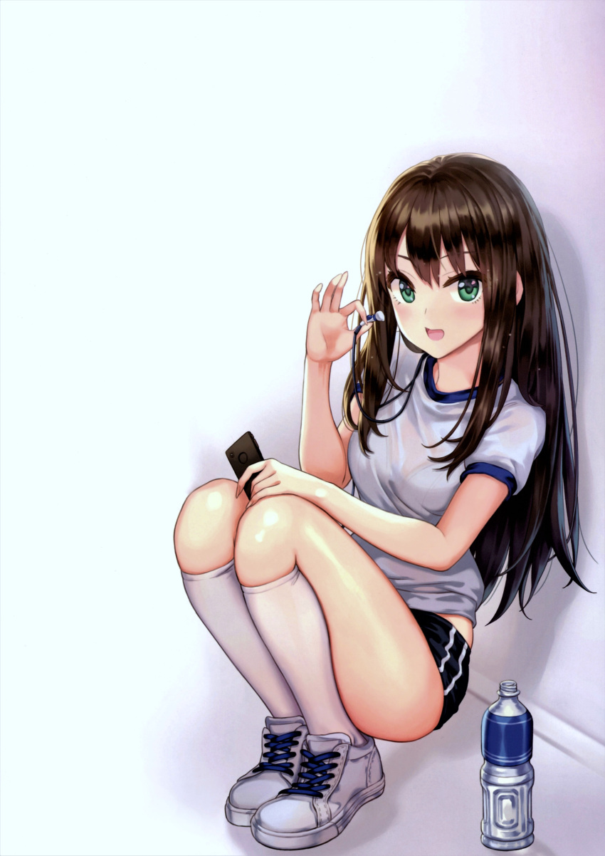 absurdres black_buruma bottle bra brown_hair buruma cellphone earphones female green_eyes gym_uniform hamahama highres idolmaster idolmaster_cinderella_girls kneehighs long_hair looking_at_viewer open_mouth phone scan see-through shibuya_rin shirt shoes short_sleeves simple_background smartphone sneakers socks solo squatting underwear water_bottle wet wet_clothes wet_shirt white_background white_footwear white_shirt white_socks