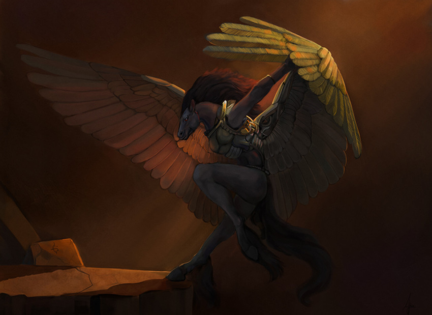 anthro black_body classical diorionarh equid equine feathered_wings feathers flying grey_background horse male mammal mythology renaissance simple_background solo wings