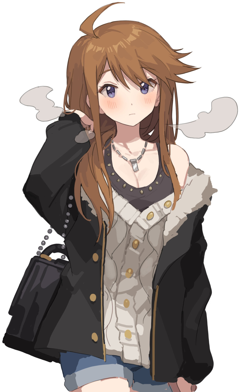 absurdres ahoge black_jacket blush breasts breath brown_hair cleavage cowboy_shot denim denim_shorts expressionless female fur-trimmed_jacket fur_trim hano9789 highres idolmaster idolmaster_million_live! jacket jacket_partially_removed korean_commentary long_hair looking_at_viewer shorts simple_background solo straight_hair sweater_jacket tokoro_megumi tucking_hair white_background