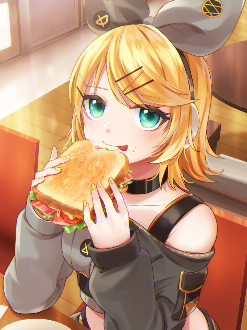 aqua_eyes bacon blonde_hair bow cheese choker commentary crop_top crumbs eating female food food_on_face grey_bow grey_shirt hair_ornament hairbow hairclip headphones highres holding holding_food indoors kagamine_rin lettuce long_sleeves looking_at_viewer nail_polish off-shoulder_shirt off_shoulder project_sekai sandwich shirt short_hair sitting smile solo soramame_pikuto swept_bangs tomato tongue tongue_out vivid_bad_squad_(project_sekai) vivid_bad_squad_rin vocaloid yellow_nails