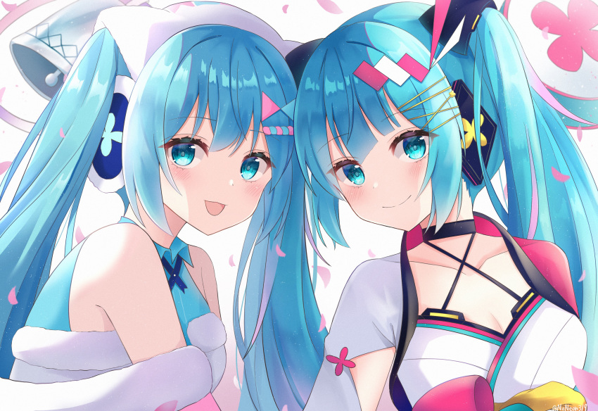 2girls absurdres aqua_eyes aqua_hair bare_shoulders bell blunt_bangs cherry_blossom_print cherry_blossoms commentary criss-cross_halter detached_sleeves dress drum dual_persona floral_print forehead-to-forehead fur-trimmed_dress fur-trimmed_sleeves fur_trim hair_ornament hairclip halterneck hatsune_miku headphones heads_together highres instrument japanese_clothes kimono long_hair looking_at_viewer magical_mirai_(vocaloid) magical_mirai_miku magical_mirai_miku_(2020_summer) magical_mirai_miku_(2020_winter) multiple_girls noneon319 pink_sleeves smile twintails upper_body very_long_hair vocaloid white_background white_sleeves