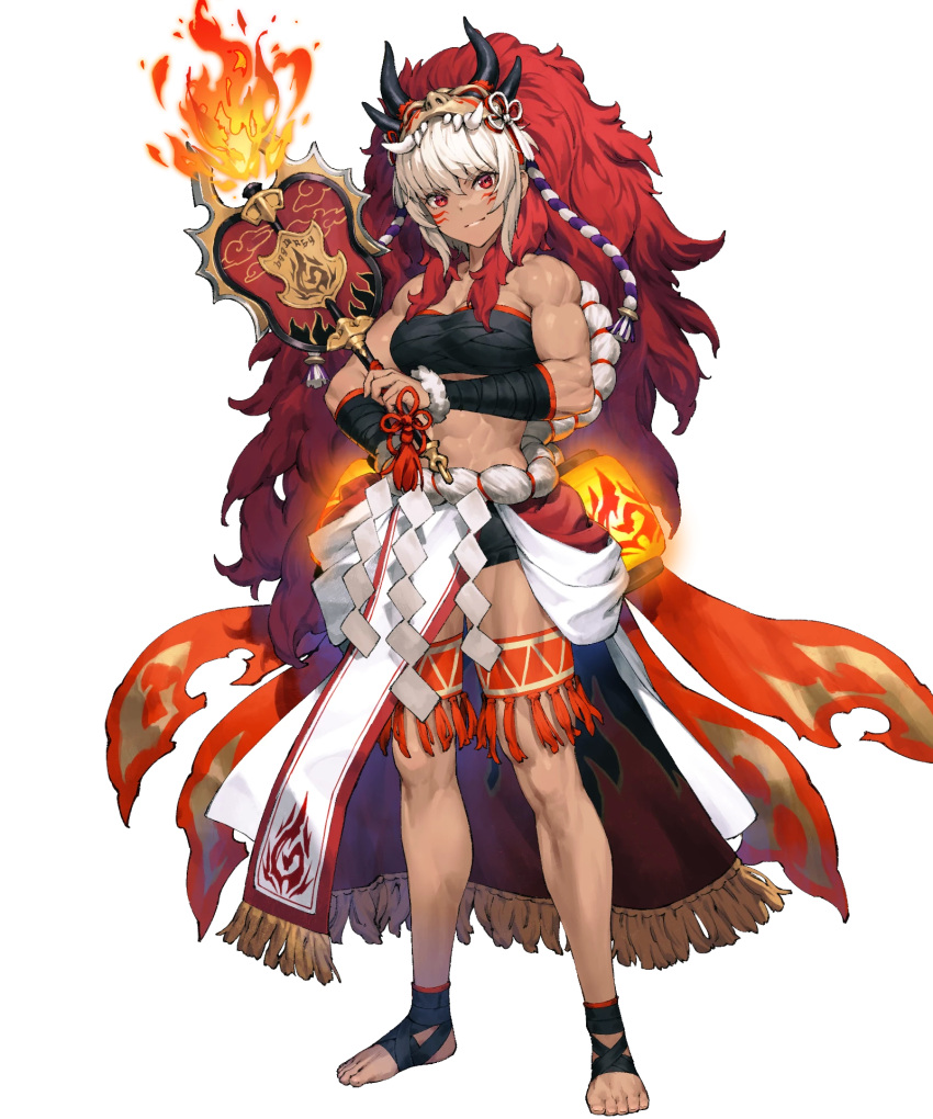 abs breasts chyko closed_mouth dark-skinned_female dark_skin facial_mark female fire_emblem fire_emblem_fates fire_emblem_heroes full_body hair_ornament hand_fan highres holding horned_mask horns lantern lips looking_at_viewer mask mask_on_head medium_breasts muscular muscular_female non-web_source official_art paper_lantern pelvic_curtain red_eyes rinkah_(fire_emblem) rinkah_(flame)_(fire_emblem) rope short_hair shorts smile solo standing strapless thigh_strap transparent_background white_hair