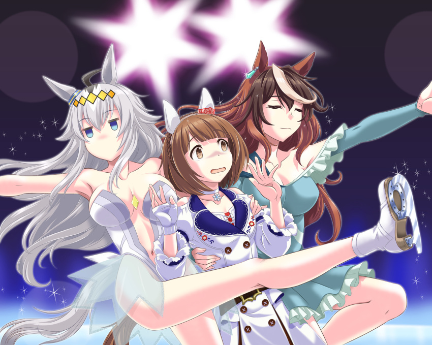 3girls ahoge animal_ears blue_eyes brown_eyes brown_hair center_opening closed_eyes collarbone commentary diffraction_spikes dress ear_covers ear_ornament earrings figure_skating figure_skating_dress fingerless_gloves floodlights frilled_dress frills glint gloves grey_hair hair_between_eyes hairband highres horse_ears horse_girl horse_tail horseshoe ice_skates ice_skating jewelry jitome leg_up leotard light_brown_hair long_hair multiple_girls navel no_mouth official_alternate_costume oguri_cap_(umamusume) pendant_choker scene_reference see-through short_hair sidelocks single_earring single_glove skates skating snowflake_pendant sparkle symboli_rudolf_(umamusume) tail umajiri_gyuunyuu umamusume white_dress white_gloves white_hair yellow_hairband yukino_bijin_(umamusume)