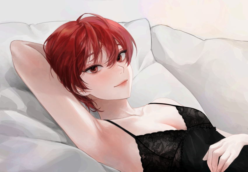 ahoge arm_behind_head arm_up armpits bare_arms black_dress blush borrowed_character breasts cleavage closed_mouth collarbone commission dress english_commentary eyelashes female hair_between_eyes han_soo-min_(hanny) highres looking_at_viewer lying on_back original pillow red_eyes red_hair second-party_source short_hair sleeveless sleeveless_dress small_breasts smile solo spaghetti_strap tanna