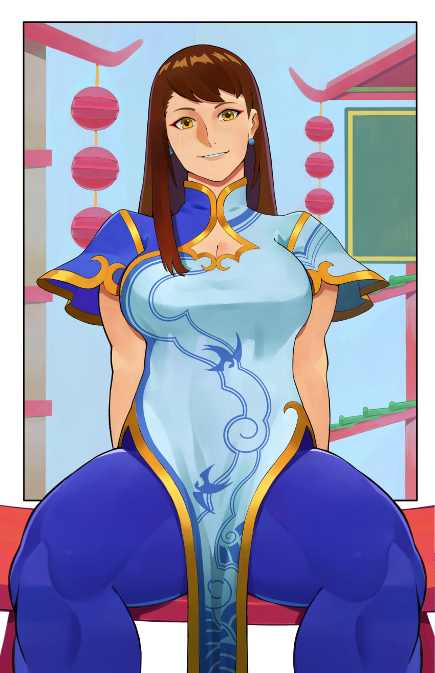 absurdres alternate_hairstyle blue_pants breasts brown_eyes chinese_clothes chun-li cleavage eyeshadow female hair_down highres long_hair makeup pants red_eyeshadow sitting smile solo spread_legs street_fighter street_fighter_6 swept_bangs the_evanjer thick_thighs thighs tight_clothes tight_pants