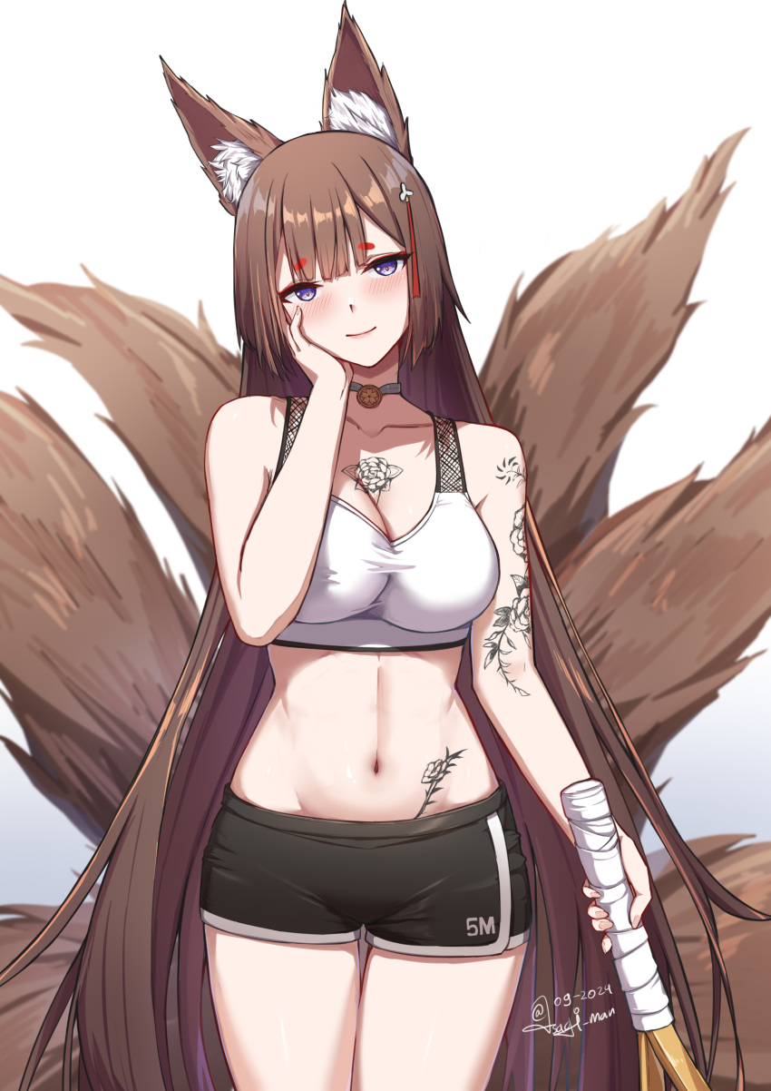 absurdres amagi_(azur_lane) animal_ear_fluff animal_ears as4gi azur_lane baseball_bat black_buruma blush breasts brown_hair brown_tail buruma chest_tattoo choker commission crop_top female fox_ears fox_girl fox_tail highres holding holding_baseball_bat navel pixiv_commission solo tail tattoo white_background