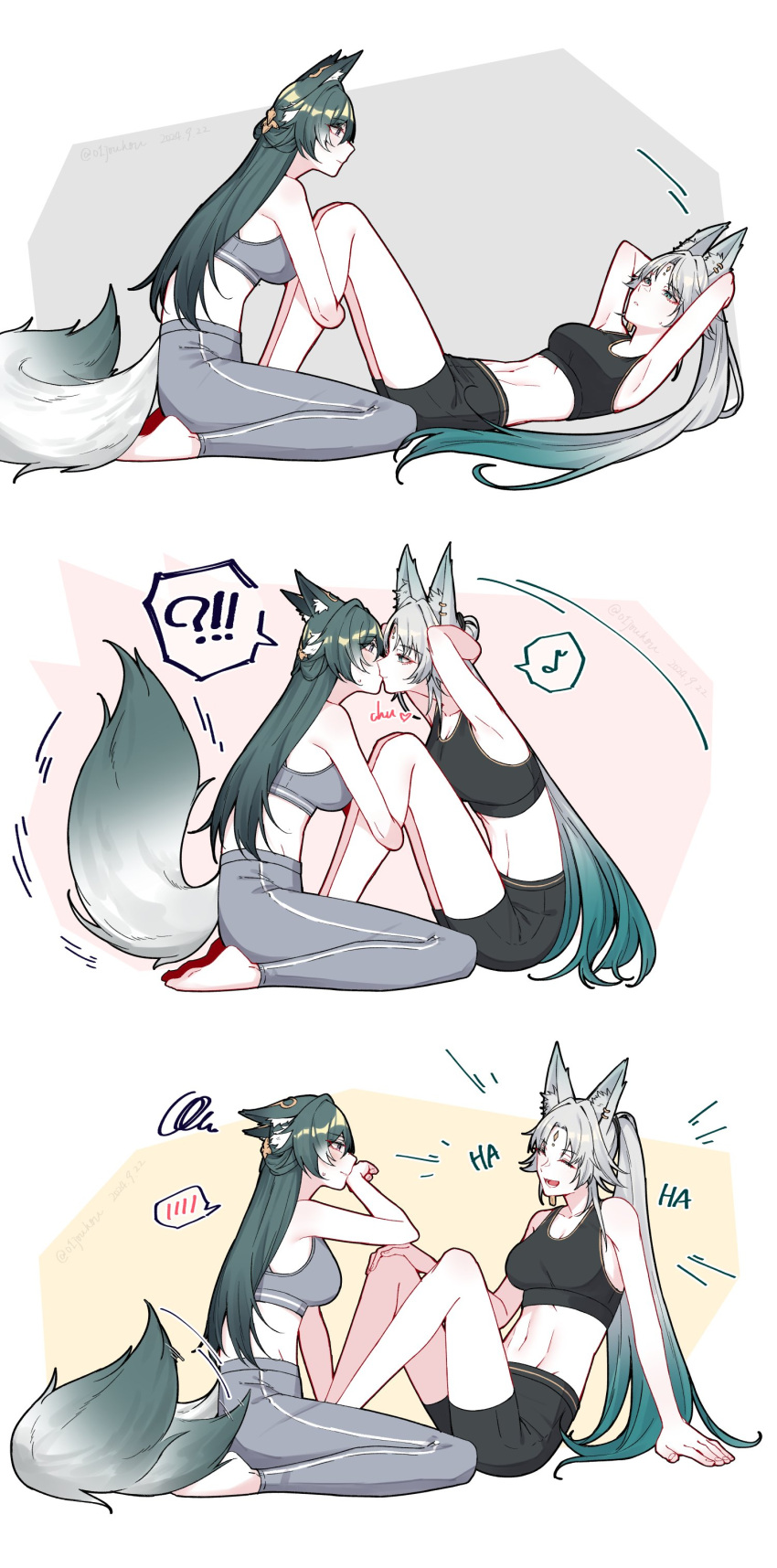 !? 2girls absurdres animal_ears blue_hair blush breasts closed_eyes closed_mouth exercising feixiao_(honkai:_star_rail) gradient_hair gradient_tail green_hair grey_hair highres honkai:_star_rail honkai_(series) jouhou kissing laughing long_hair multicolored_hair multiple_girls musical_note open_mouth parted_lips sit-up spoken_blush spoken_interrobang spoken_musical_note squiggle tail tail_wagging very_long_hair yukong_(honkai:_star_rail) yuri