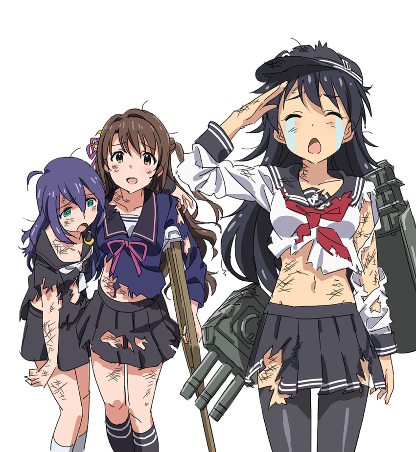 3girls @_@ anchor_symbol battle_damage black_hair black_thighhighs blue_hair breasts brown_hair cleavage closed_eyes cosplay crutch dark_skin ganaha_hibiki hibiki_(kancolle) hibiki_(kancolle)_(cosplay) idolmaster idolmaster_(classic) idolmaster_cinderella_girls idolmaster_million_live! kantai_collection messy_hair miniskirt mochizuki_(kancolle) mochizuki_(kancolle)_(cosplay) mochizuki_anna multiple_girls name_connection navel open_mouth rigging sailor_collar salute shimamura_uzuki skirt socks taku1122 tears thighhighs torn_clothes torn_skirt torn_thighhighs torpedo_tubes uzuki_(kancolle) uzuki_(kancolle)_(cosplay) white_socks